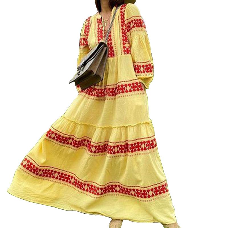 Women V Neck Plus Sizes Fall Long Maxi Dresses-STYLEGOING