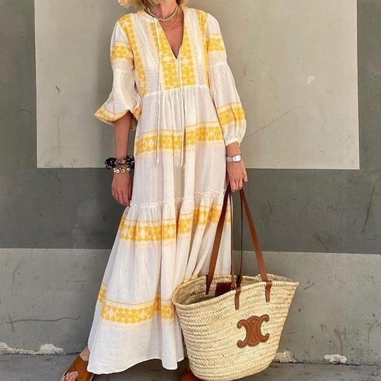 Women V Neck Plus Sizes Fall Long Maxi Dresses-STYLEGOING