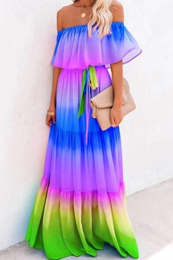 Off The Shoudler Pint Long Maxi Dresses-STYLEGOING